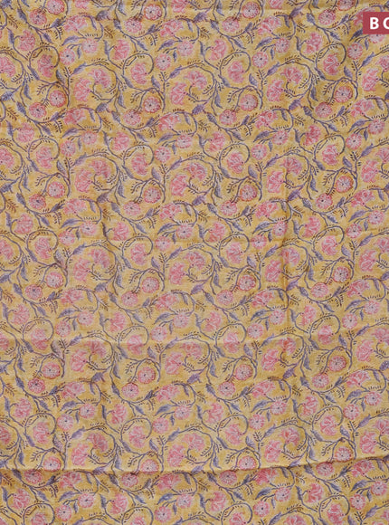 Chanderi bagru saree yellow and light pink with allover floral prints and small zari woven border