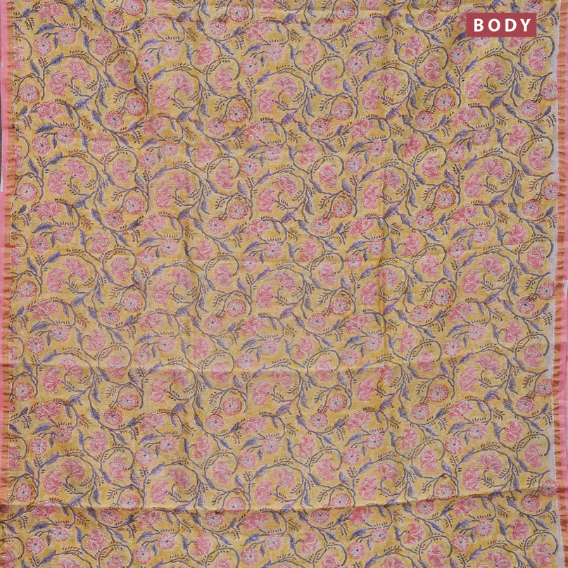 Chanderi bagru saree yellow and light pink with allover floral prints and small zari woven border