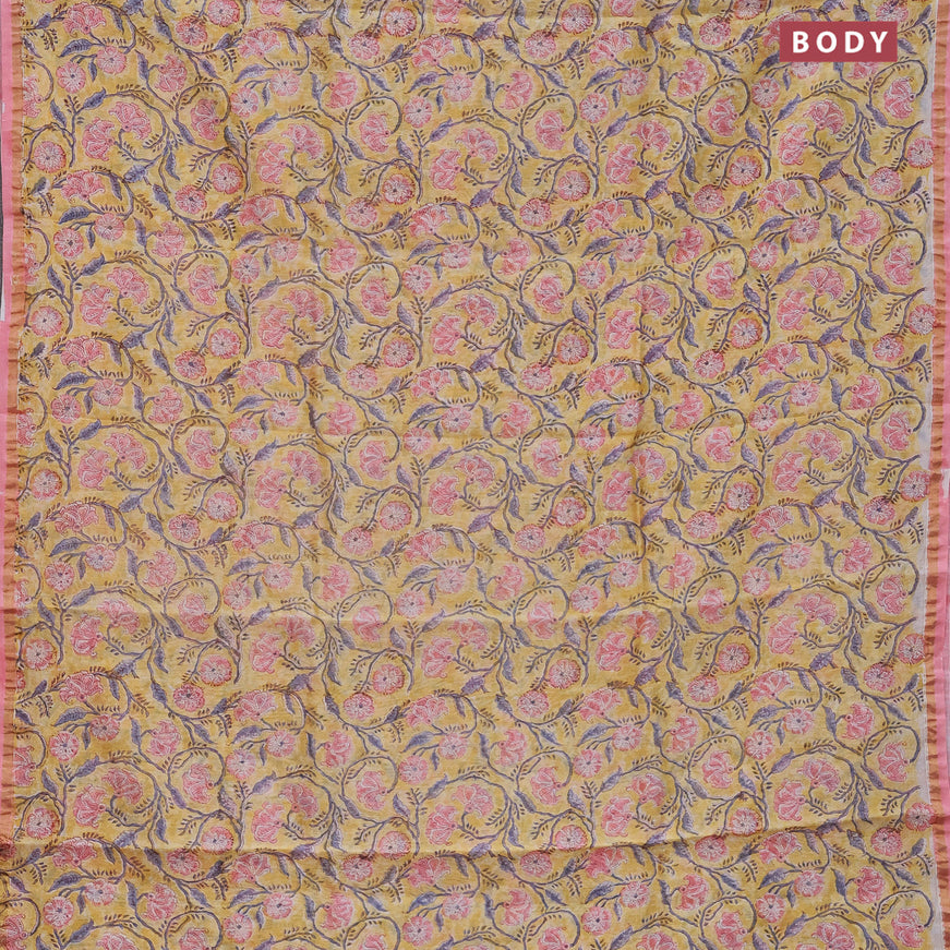 Chanderi bagru saree yellow and light pink with allover floral prints and small zari woven border