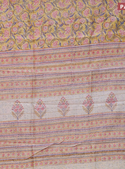 Chanderi bagru saree yellow and light pink with allover floral prints and small zari woven border