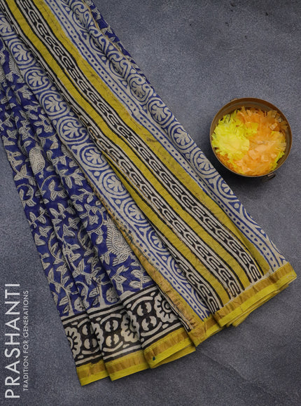 Chanderi bagru saree blue and lime yellow with allover kalamkari prints and small zari woven border