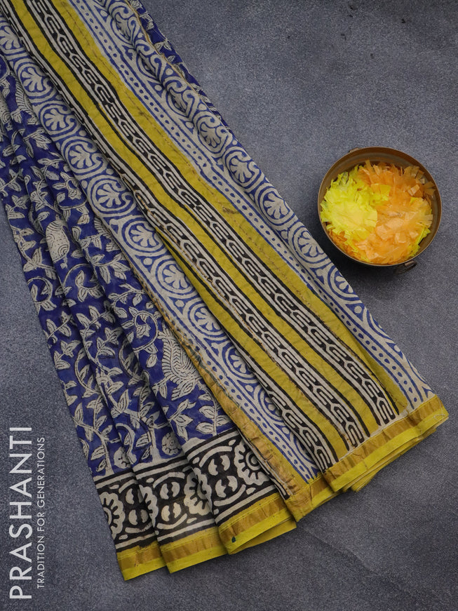 Chanderi bagru saree blue and lime yellow with allover kalamkari prints and small zari woven border