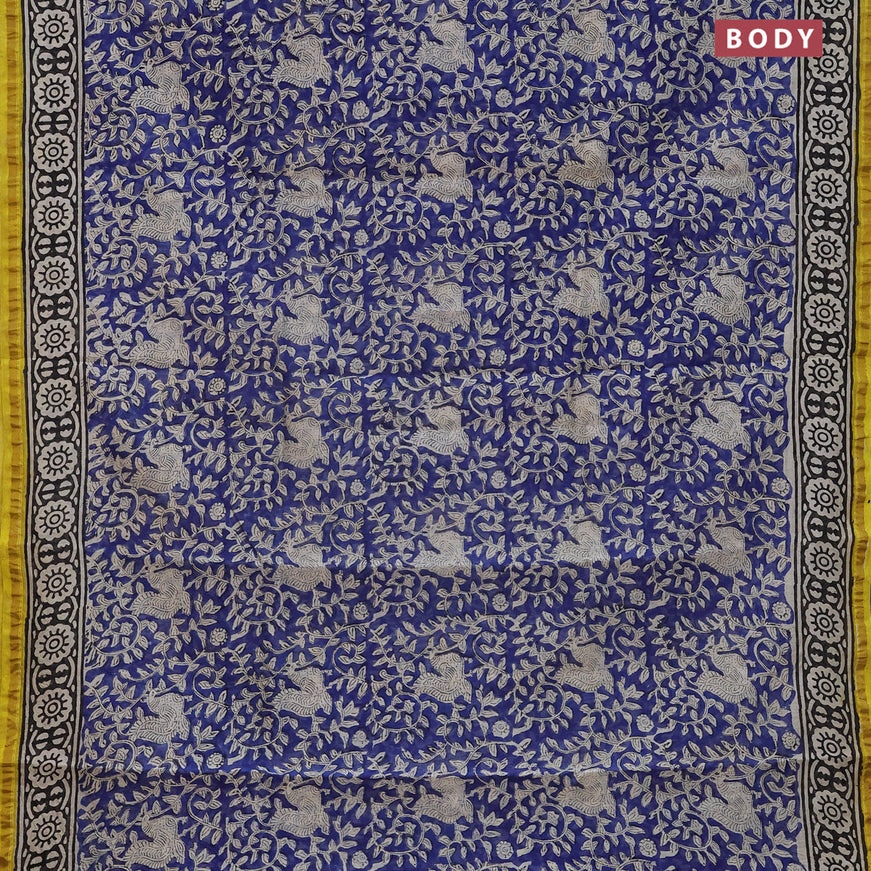 Chanderi bagru saree blue and lime yellow with allover kalamkari prints and small zari woven border