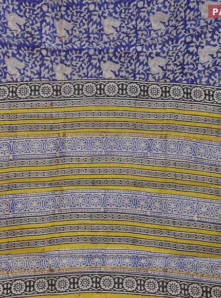 Chanderi bagru saree blue and lime yellow with allover kalamkari prints and small zari woven border