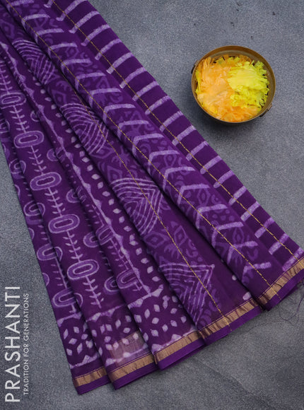 Chanderi bagru saree violet with allover batik prints and small zari woven border