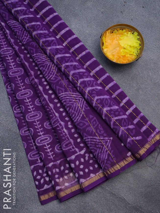 Chanderi bagru saree violet with allover batik prints and small zari woven border