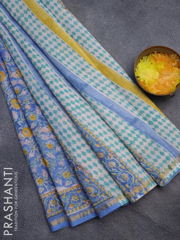 Chanderi bagru saree blue with allover floral prints and small zari woven border