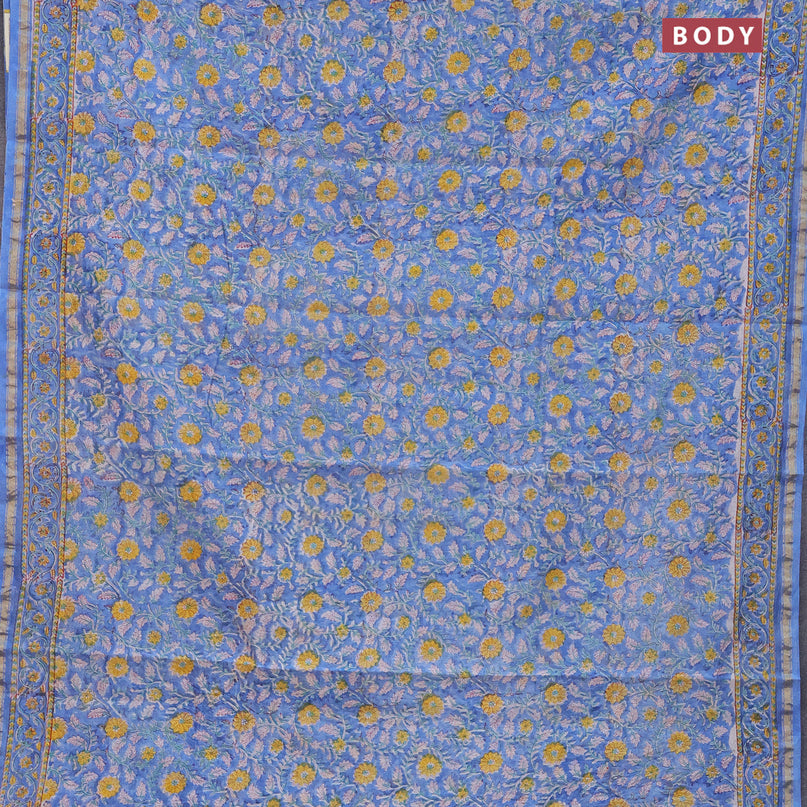 Chanderi bagru saree blue with allover floral prints and small zari woven border