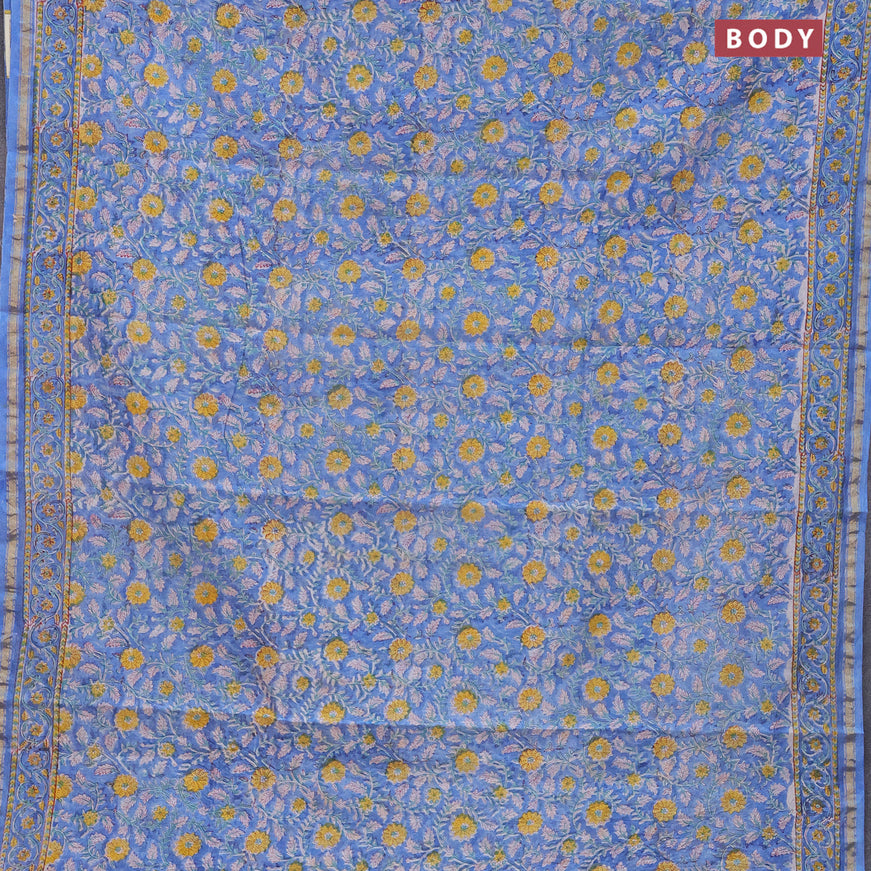 Chanderi bagru saree blue with allover floral prints and small zari woven border