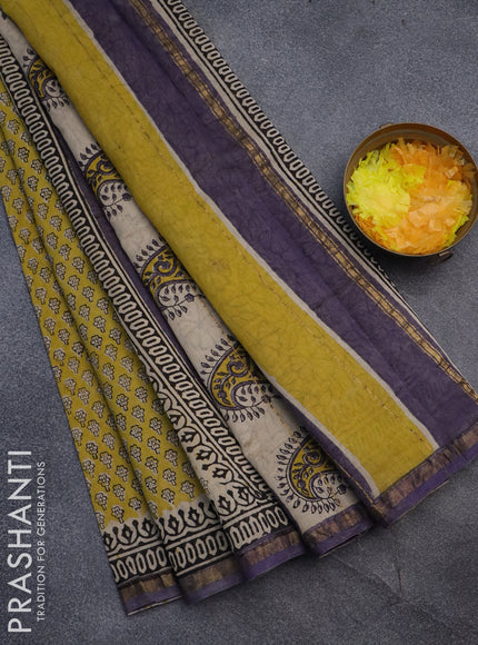 Chanderi bagru saree yellow shade and violet shade with allover prints and small zari woven border