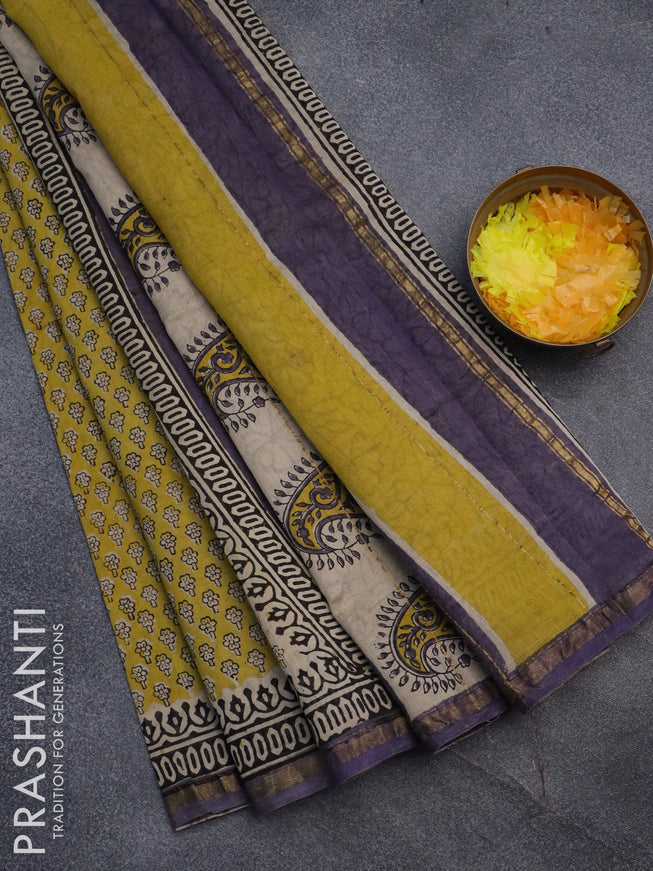 Chanderi bagru saree yellow shade and violet shade with allover prints and small zari woven border