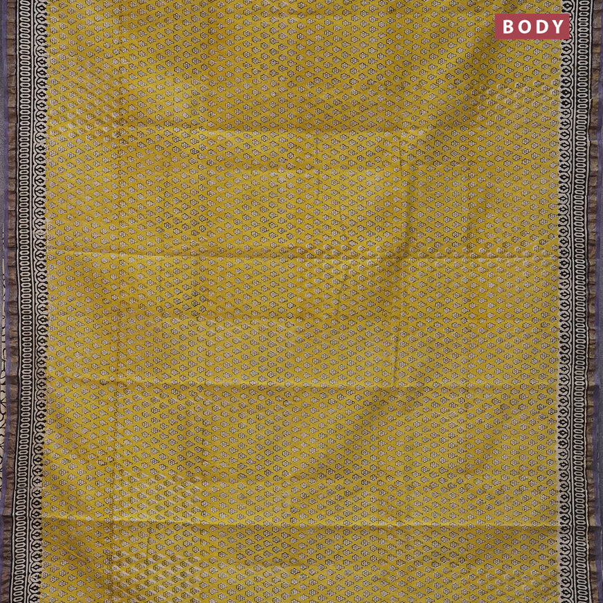 Chanderi bagru saree yellow shade and violet shade with allover prints and small zari woven border