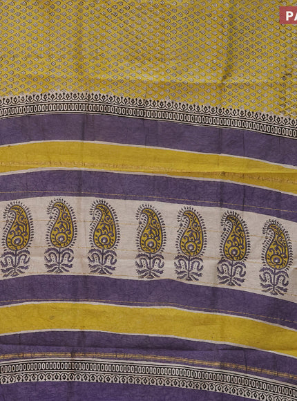 Chanderi bagru saree yellow shade and violet shade with allover prints and small zari woven border