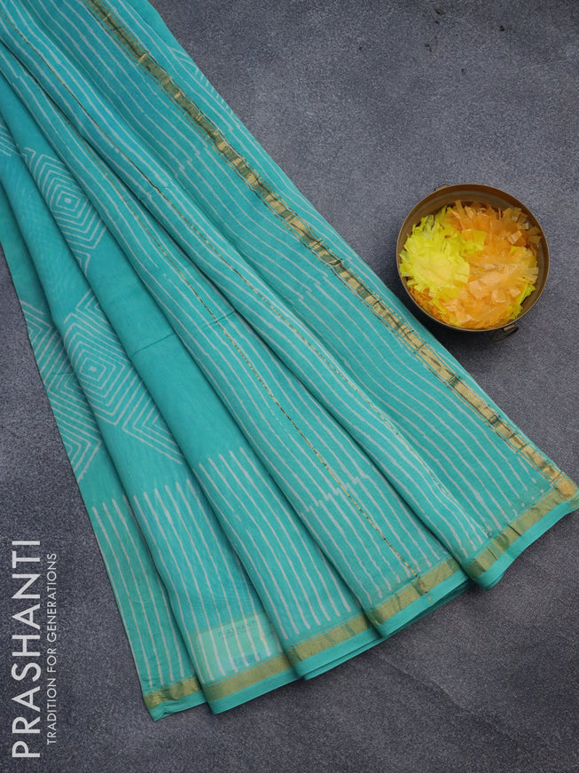 Chanderi bagru saree teal blue with allover geometric prints and small zari woven border