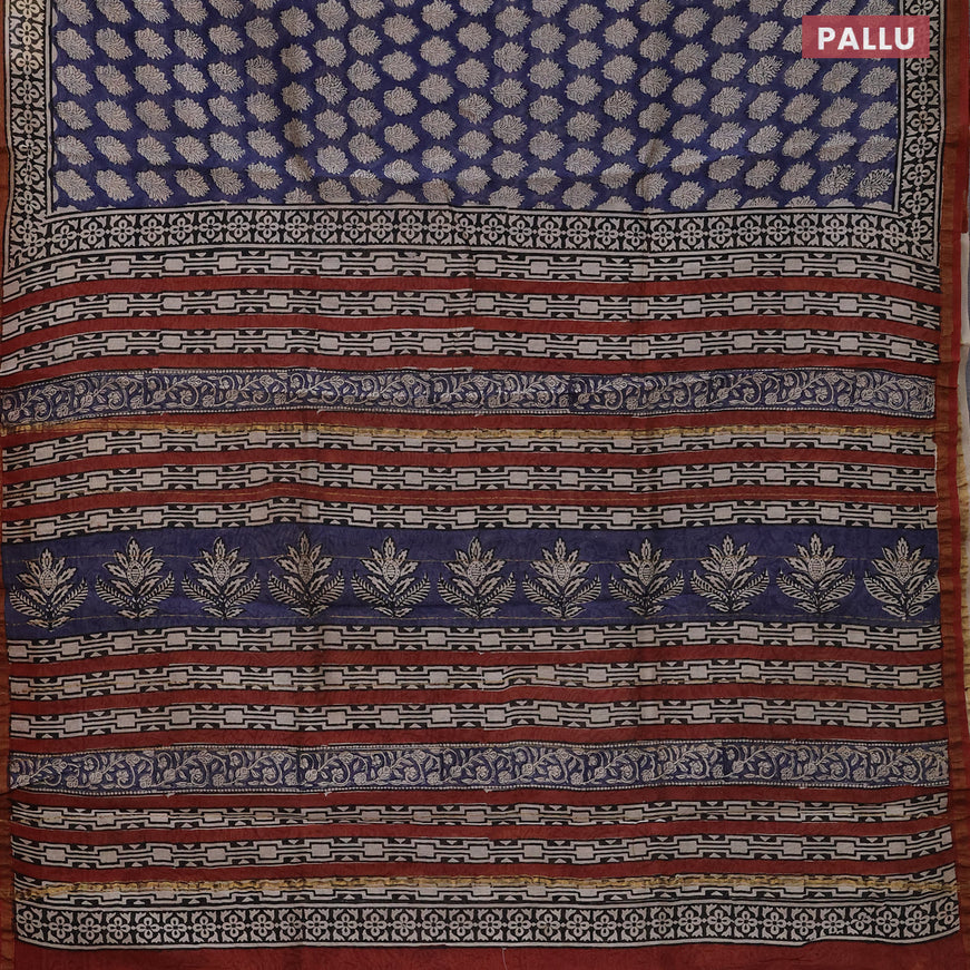 Chanderi bagru saree blue and rust shade with butta prints and small zari woven border