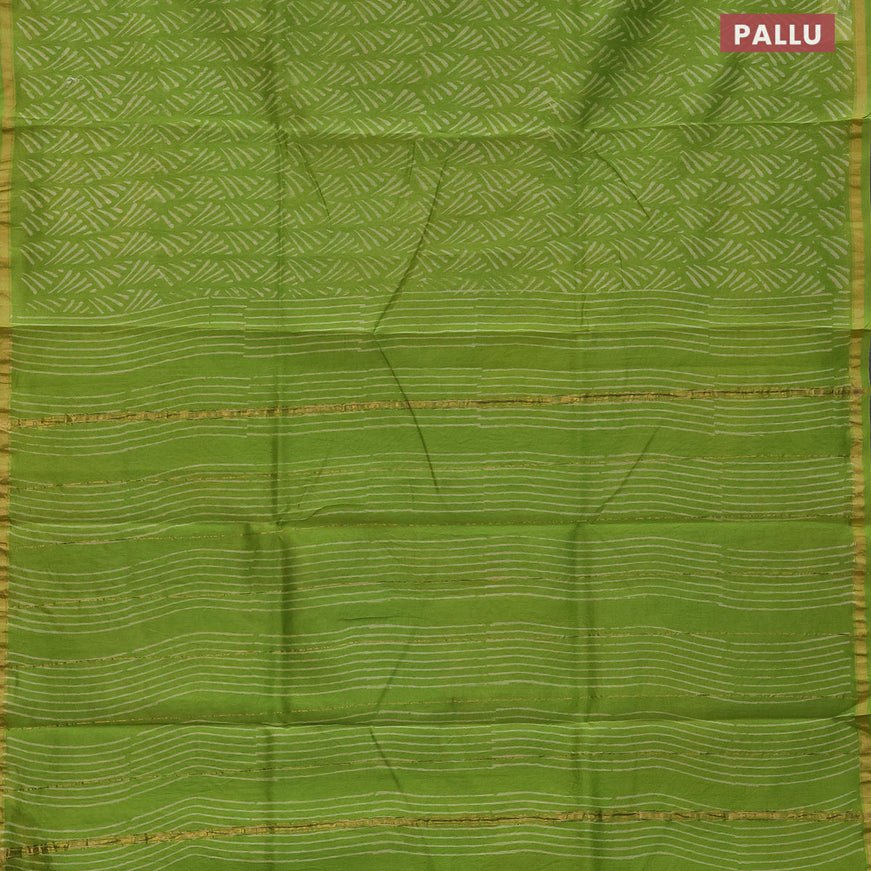 Chanderi bagru saree light green with allover prints and small zari woven border