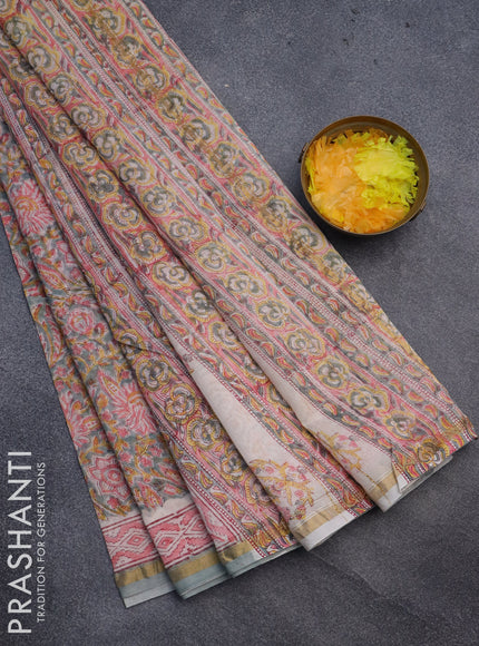 Chanderi bagru saree pastel green and off white with allover kalamkari prints and small zari woven border