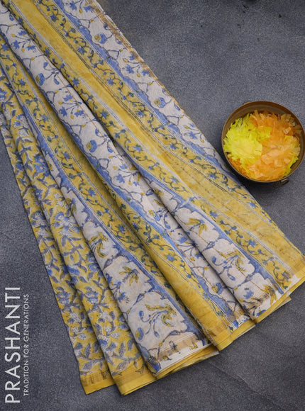 Chanderi bagru saree yellow and off white with allover kalamkari prints and small zari woven border