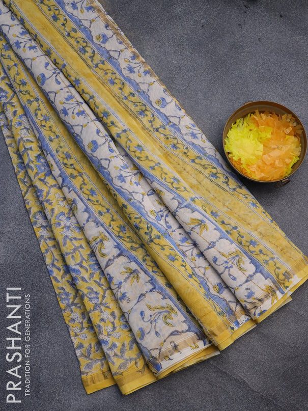 Chanderi bagru saree yellow and off white with allover kalamkari prints and small zari woven border