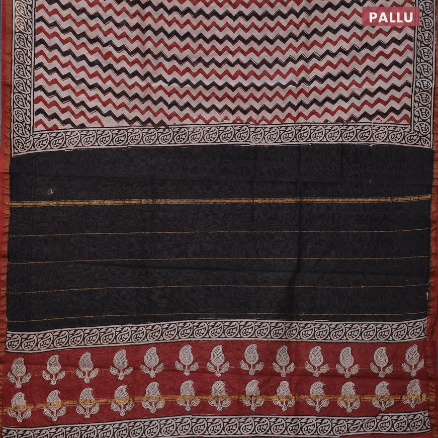 Chanderi bagru saree beige and rust shade with allover zig zag prints and small zari woven border