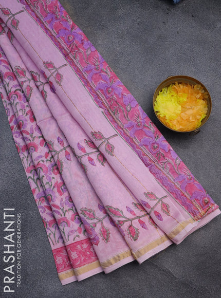 Chanderi bagru saree light pink with allover prints and small zari woven border