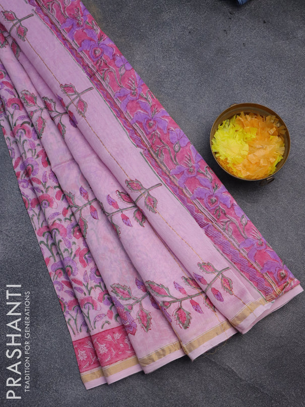 Chanderi bagru saree light pink with allover prints and small zari woven border