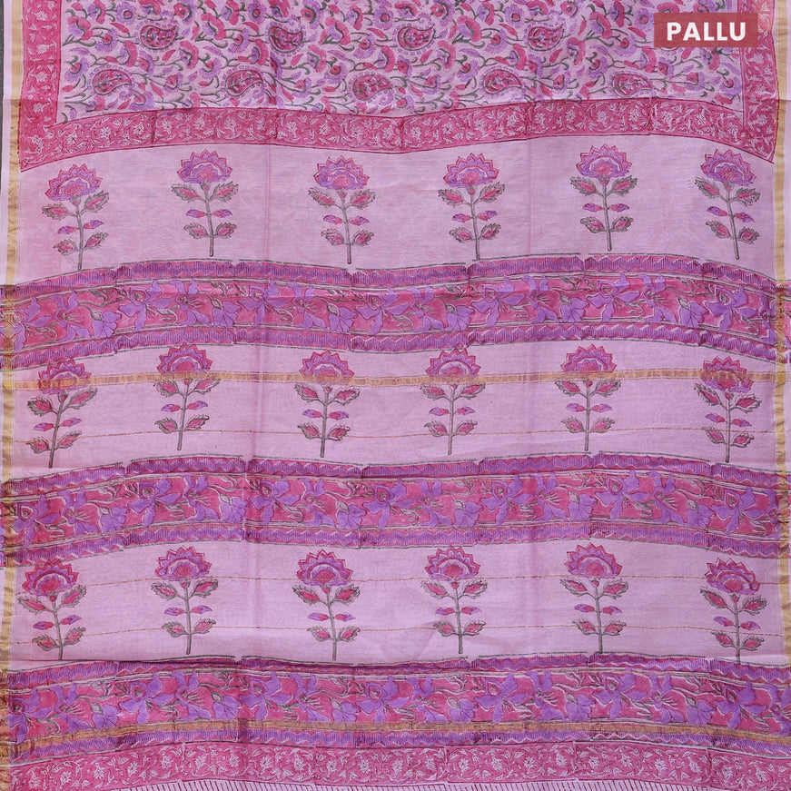 Chanderi bagru saree light pink with allover prints and small zari woven border