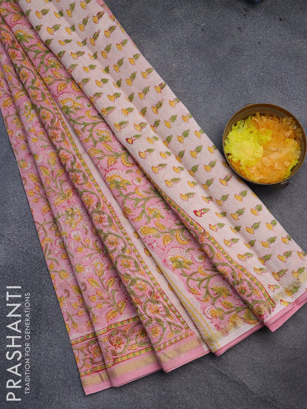 Chanderi bagru saree light pink with allover kalamkari prints and small zari woven border