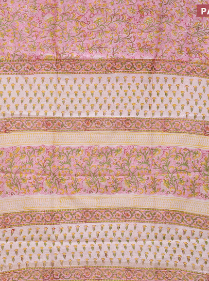 Chanderi bagru saree light pink with allover kalamkari prints and small zari woven border