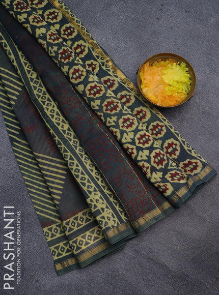 Chanderi bagru saree greyish green with allover prints and small zari woven border