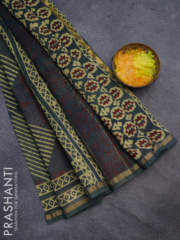 Chanderi bagru saree greyish green with allover prints and small zari woven border