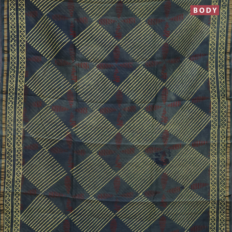 Chanderi bagru saree greyish green with allover prints and small zari woven border