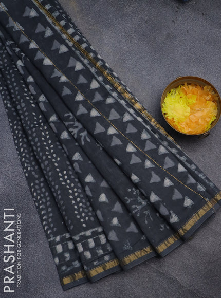 Chanderi bagru saree elephant grey with allover prints and small zari woven border