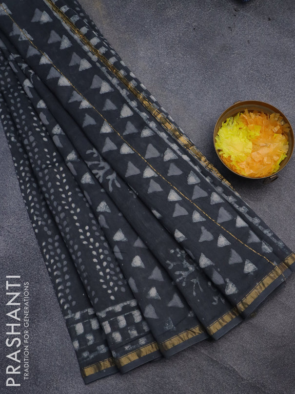 Chanderi bagru saree elephant grey with allover prints and small zari woven border