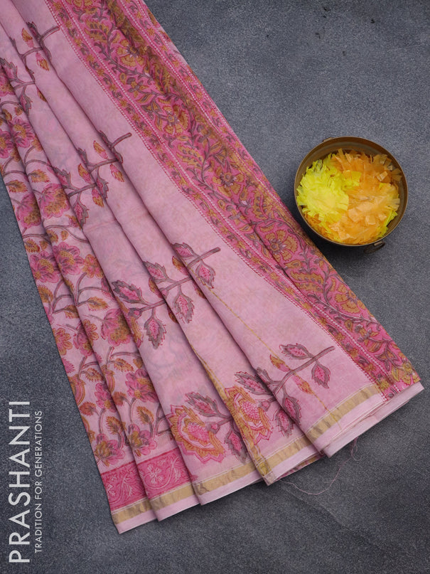 Chanderi bagru saree light pink with allover floral prints and small zari woven border