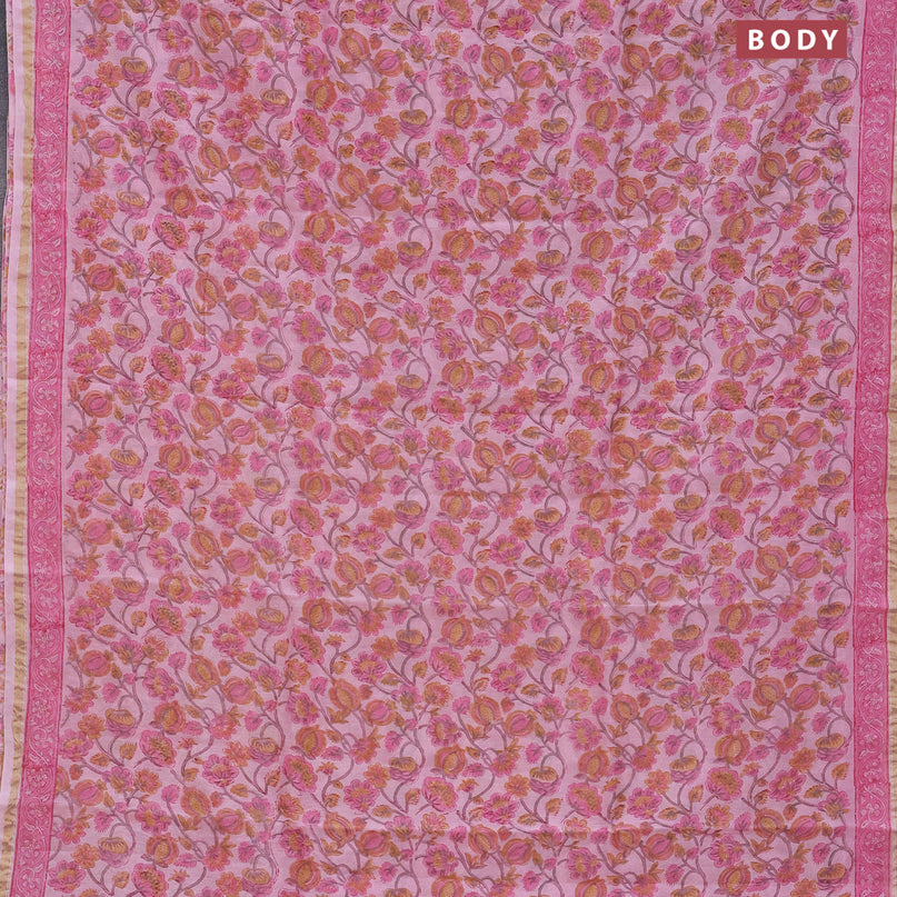 Chanderi bagru saree light pink with allover floral prints and small zari woven border