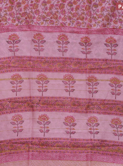 Chanderi bagru saree light pink with allover floral prints and small zari woven border