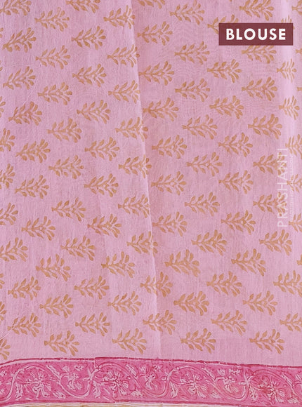 Chanderi bagru saree light pink with allover floral prints and small zari woven border