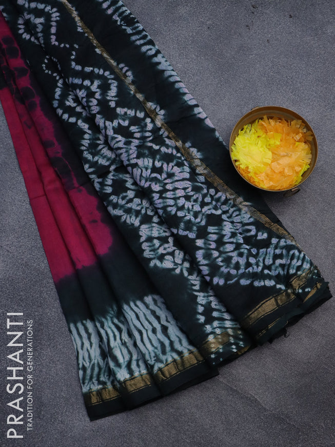 Chanderi bagru saree pink and bottle green with tie & dye prints and small zari woven border