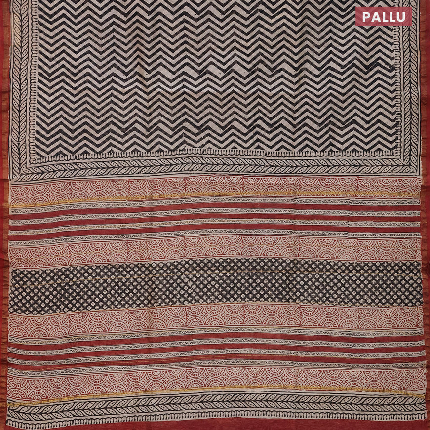 Chanderi bagru saree beige and red shade with allover zig zag prints and small zari woven border