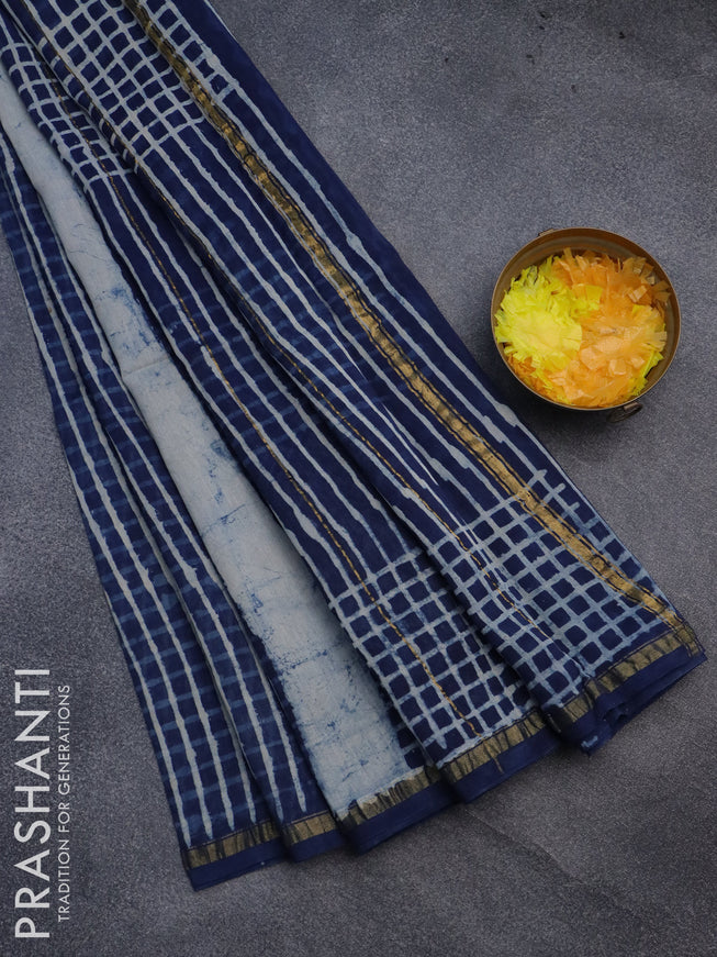 Chanderi bagru saree blue with allover prints and small zari woven border