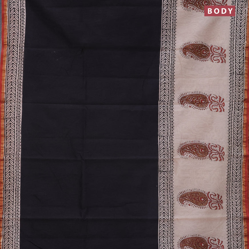 Chanderi bagru saree black and beige rust with plain body and printed zari border