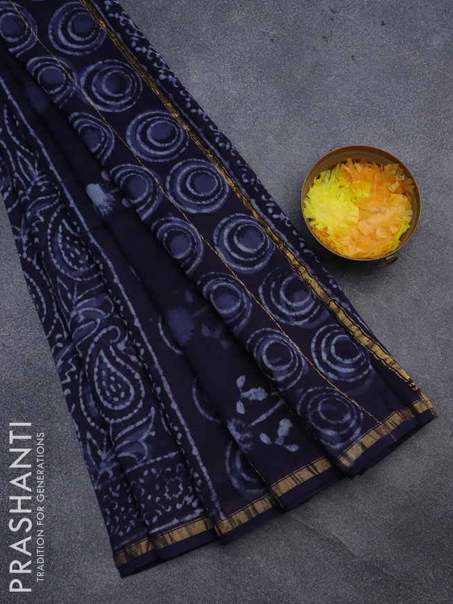 Chanderi bagru saree dark blue with allover paisley prints and small zari woven border