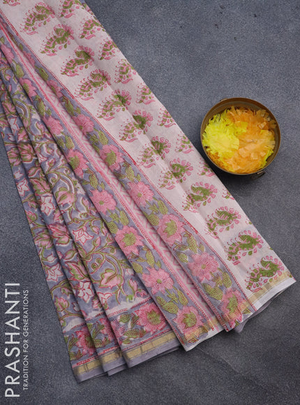 Chanderi bagru saree grey with allover floral prints and small zari woven border