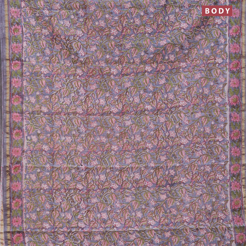 Chanderi bagru saree grey with allover floral prints and small zari woven border