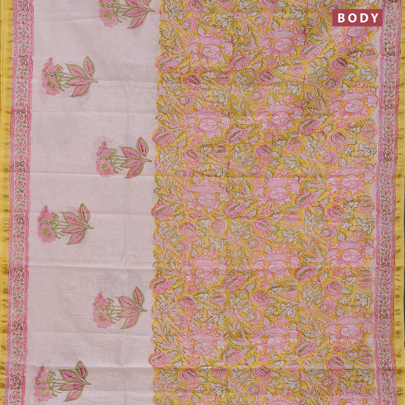 Chanderi bagru saree cream and yellow with floral butta prints and small zari woven border