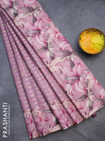 Semi tussar saree light pink with allover zari woven veldhari design & prints and floral printed border