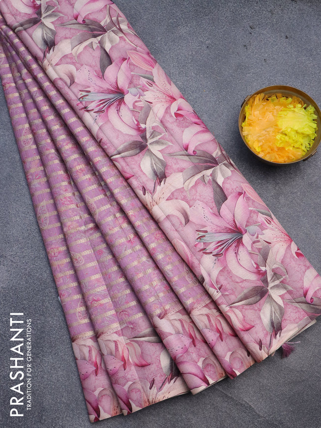 Semi tussar saree light pink with allover zari woven veldhari design & prints and floral printed border