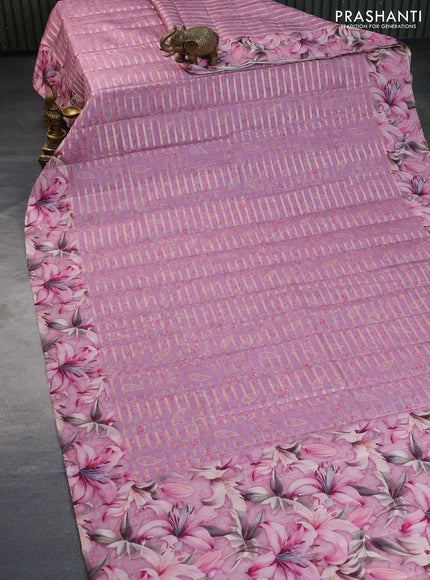 Semi tussar saree light pink with allover zari woven veldhari design & prints and floral printed border