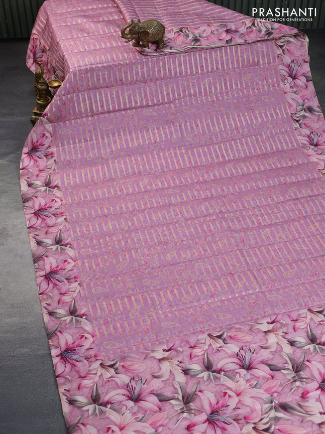 Semi tussar saree light pink with allover zari woven veldhari design & prints and floral printed border